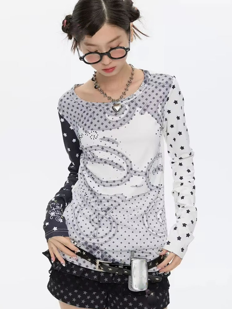 Vintage Fashion Prints - Y2k Esthetische T-shirts met Lange Mouwen