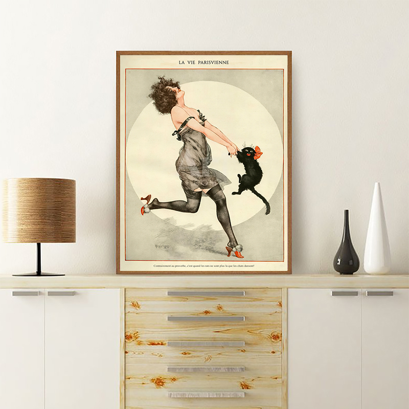 Vrouw En Zwarte Kat Dansen Vin - Vintage Fashion Magazine Covers recensie en prijs